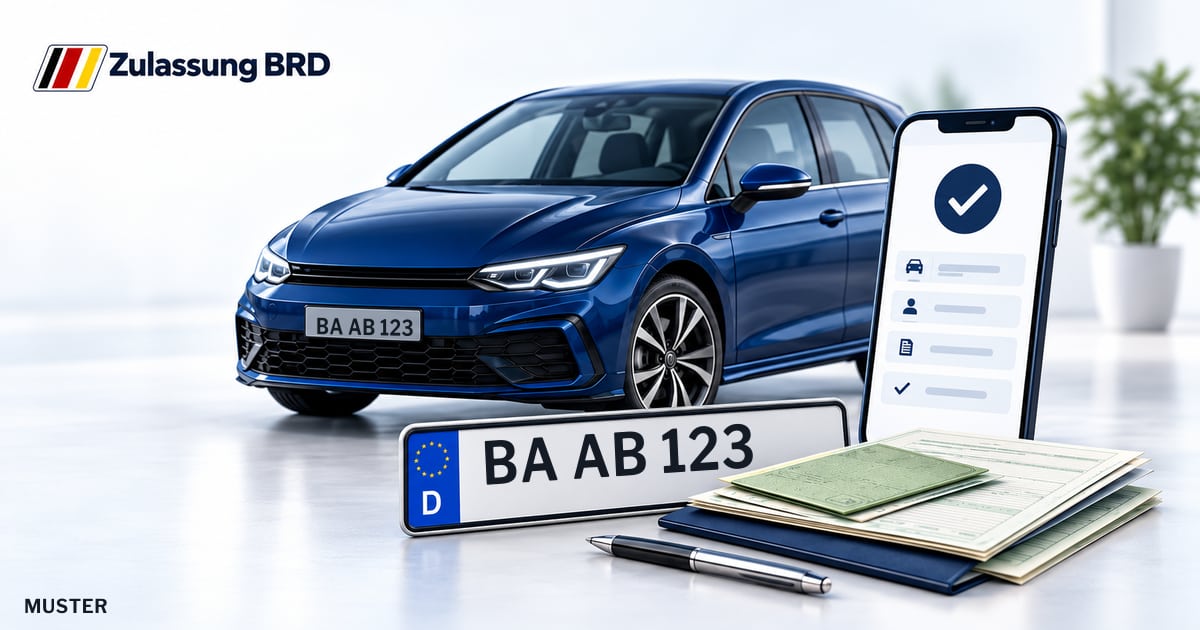Online Fahrzeugzulassung in Bamberg: Musterkennzeichen BA AB 123, Auto und Fahrzeugpapiere und Smartphone. Illustration mit Logo von Zulassung BRD.